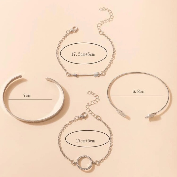 4 pcs Arrow and Circle Rhinestone Bracelet Set Silver Plated Bangle - Picture 6 of 7